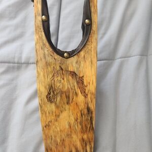 Wooden Horse-Engraved Leather-Strap Wall Hanging